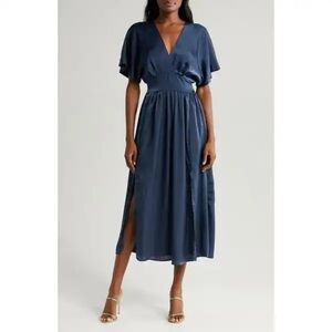 Chelsea28 Navy V-Neck Midi Dress with Flutter Sleeves